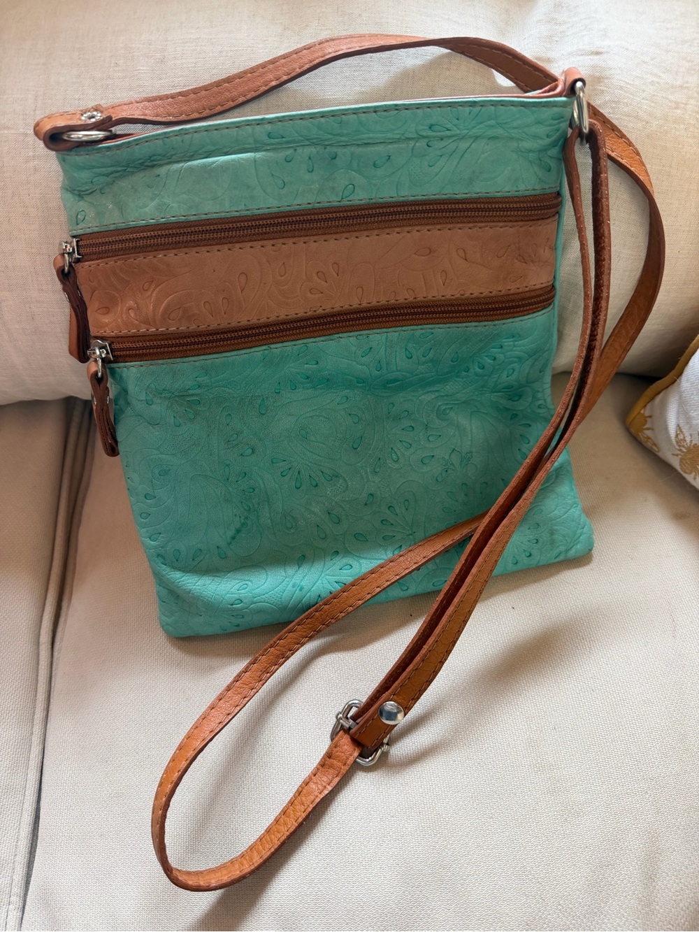 Italian Leather Turquoise and Tan Crossbody Bag - Casual Everyday Shoulder Bag